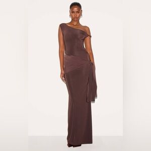 Pretty little thing BROWN SLINKY OFF SHOULDER WRAP DETAIL MAXI DRESS